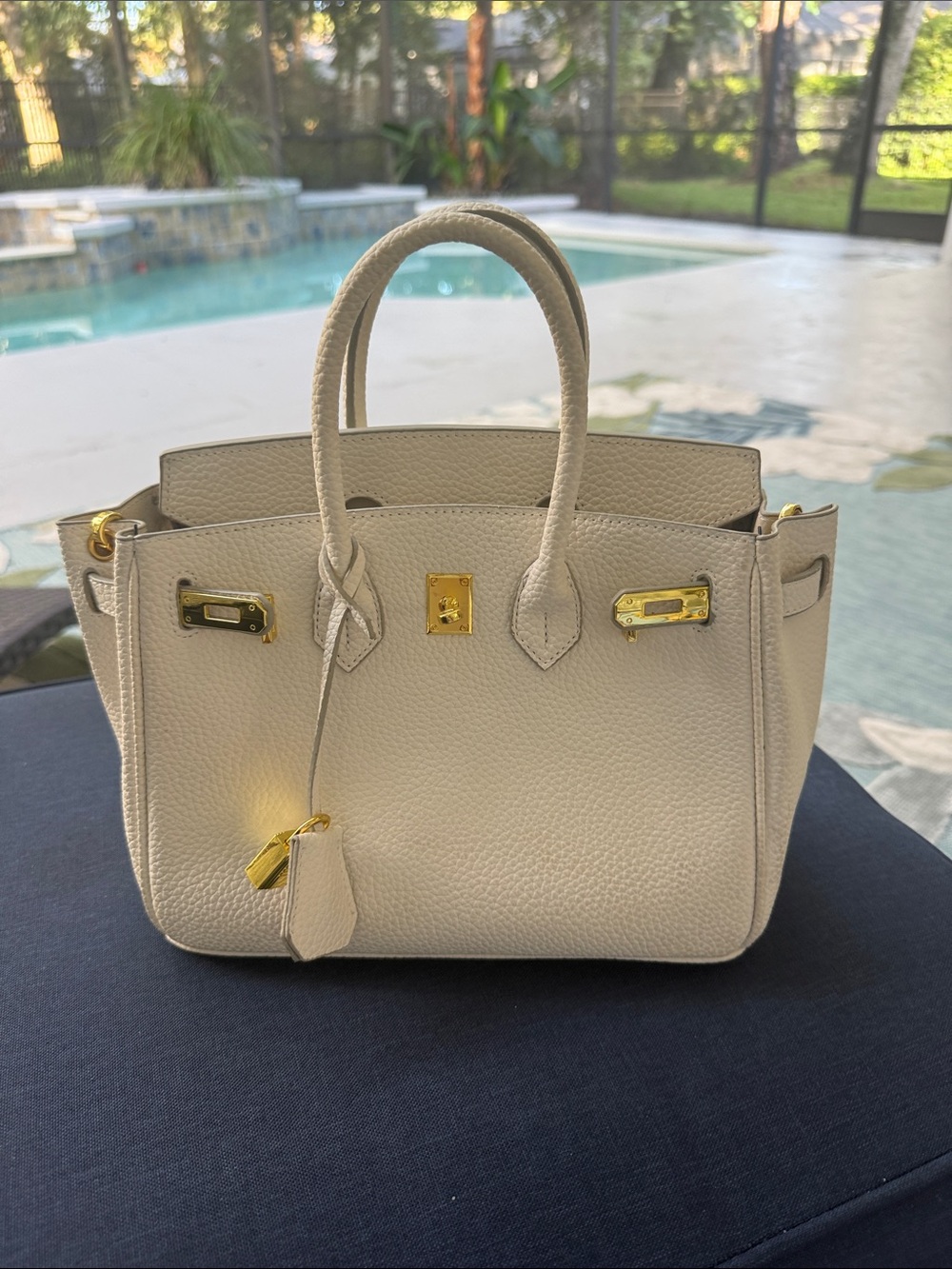 Luxury Cream Satchel Handbag with Gold Hardware
